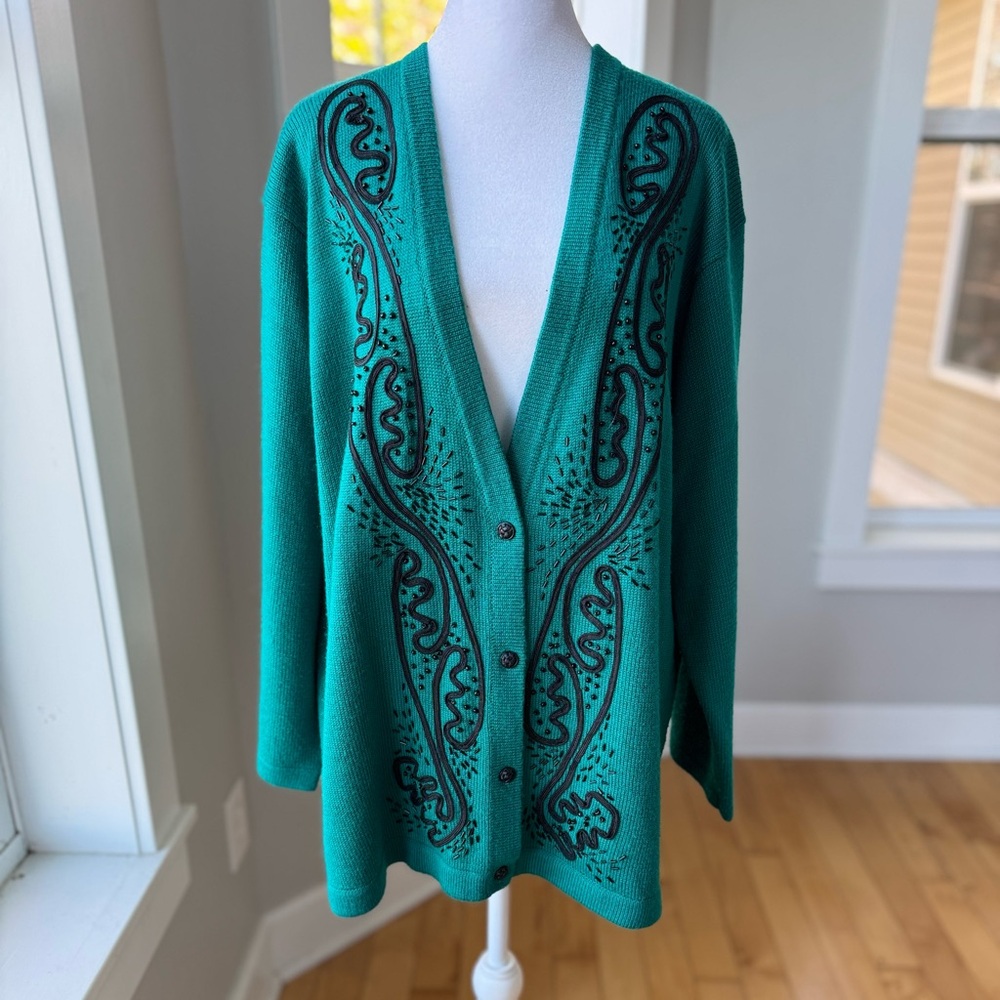 Vintage 80s 90s Teal Black V Neck Tunic Cardigan Sweater Size Medium Large XL